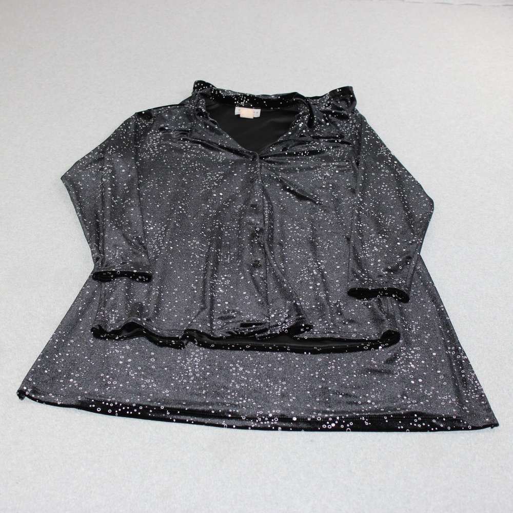 Vintage Espressa Shirt Skirt Set Women Medium Black Velour Glitter Polka Dot USA